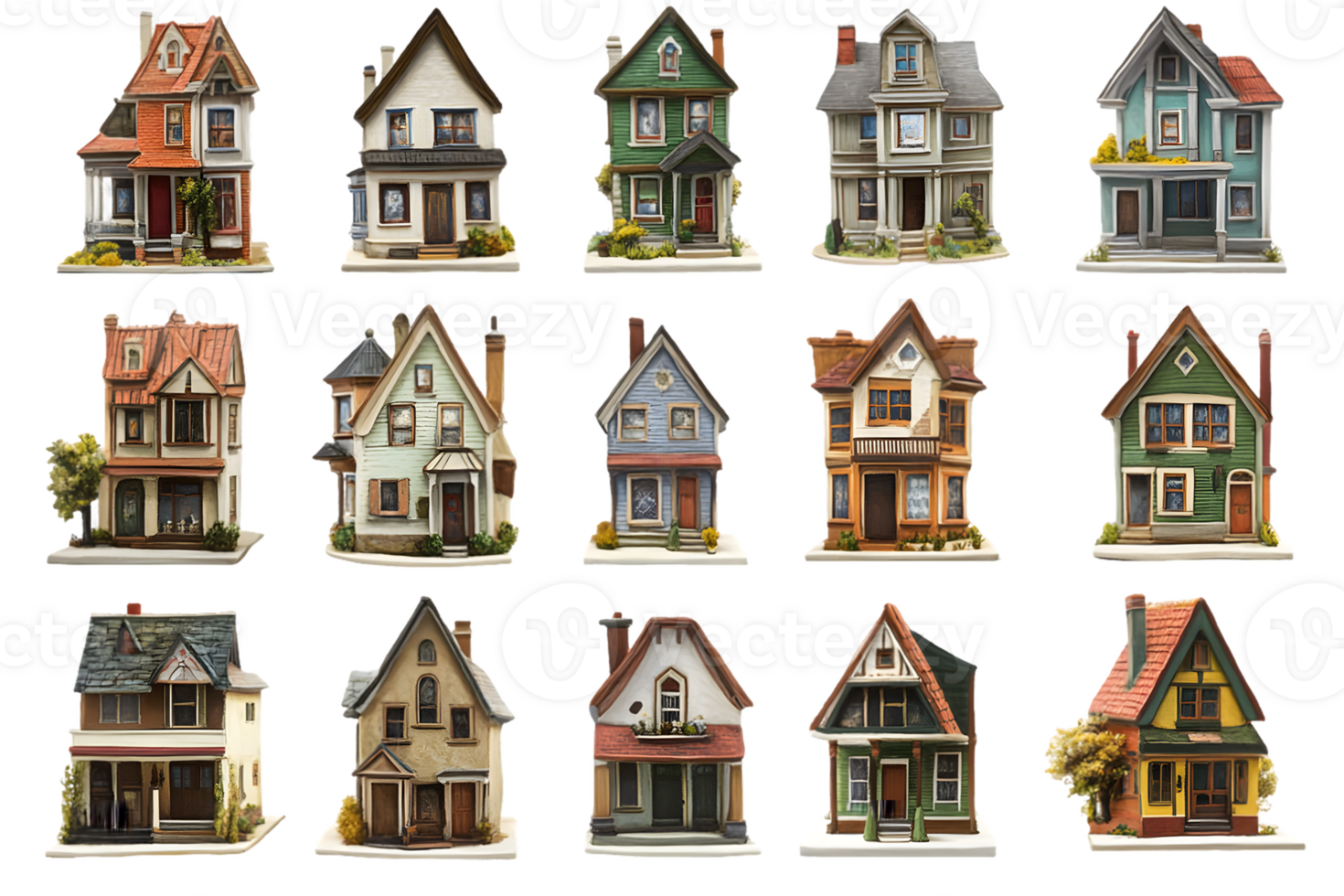 Collection of Charming Miniature Houses Showcasing Diverse Architectural Styles png
