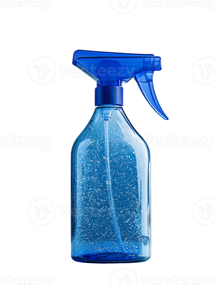 Close-up of a blue plastic spray bottle with a trigger sprayer, filled with a clear liquid png
