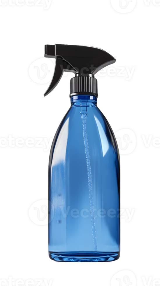 Close-up view of a blue plastic spray bottle with a black trigger sprayer, suitable for various cleaning applications. png