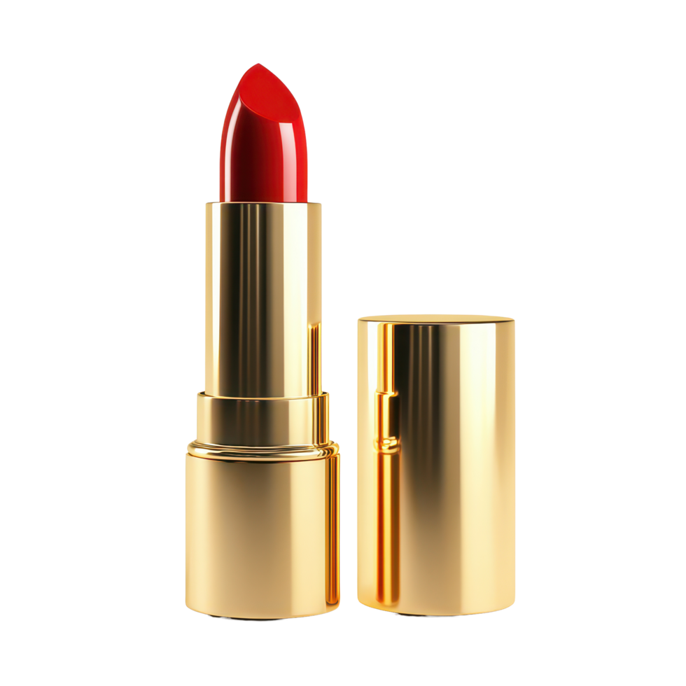Elegant red lipstick in a luxurious gold tube set against a pristine transparent background, showcasing beauty and style, beauty red lipstick in gold tube object on isolated png