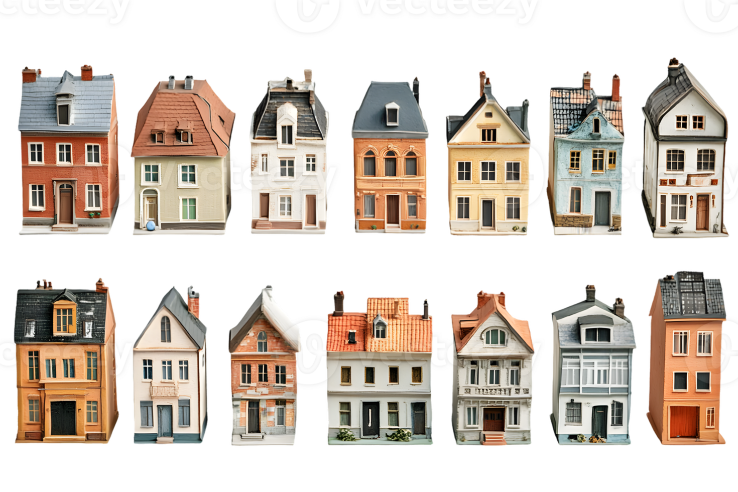 Collection of assorted miniature houses showcasing various architectural styles and states of repair png
