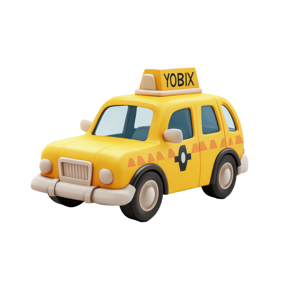 A cartoon style yellow taxi cab with a rooftop sign in a simple transparent background setting, 3D cartoon style taxi car transparent background png
