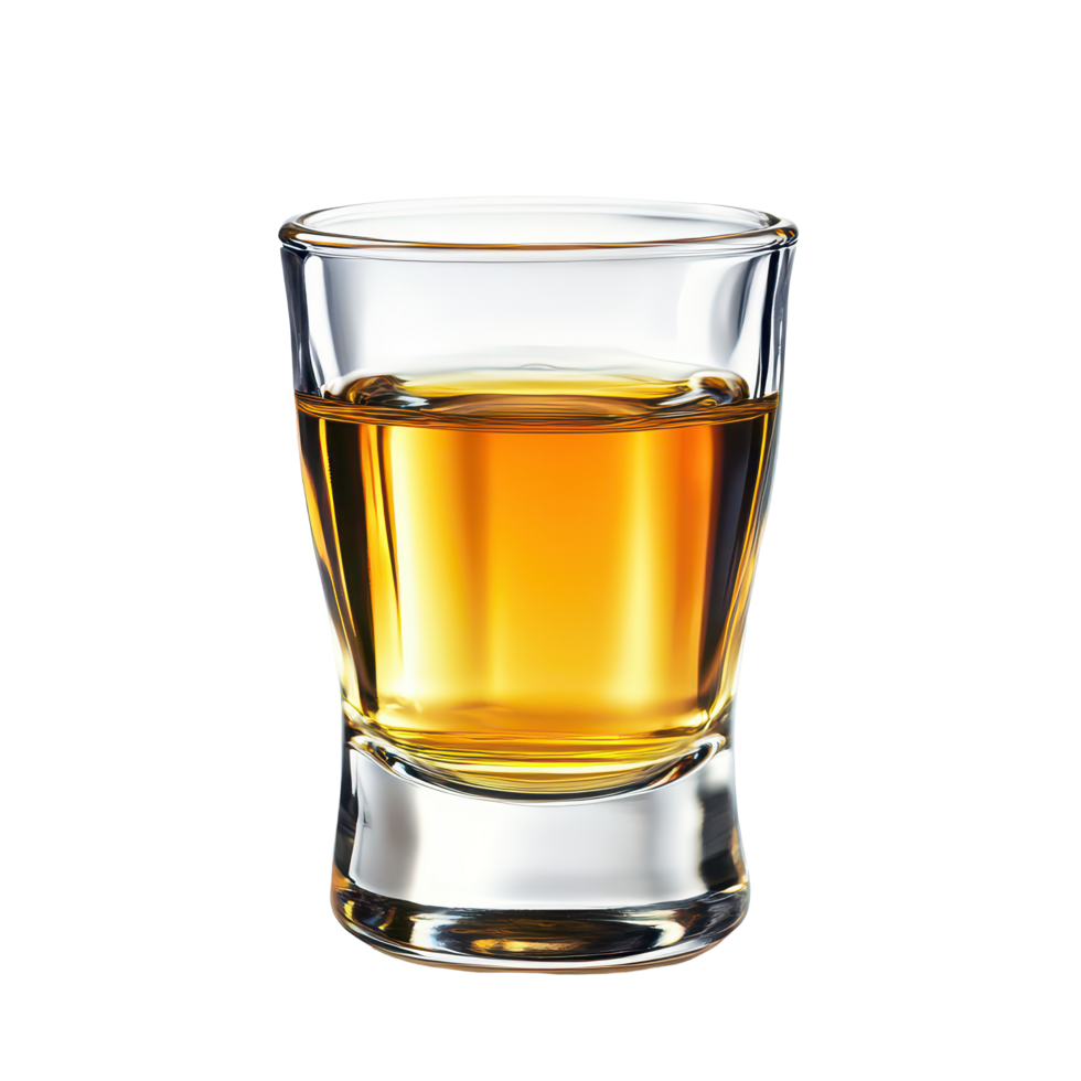 Golden liquor in a classic shot glass against a clean transparent background, ideal for celebrations or gatherings, Alcohol in Shot Glass Isolated, transparent background. png