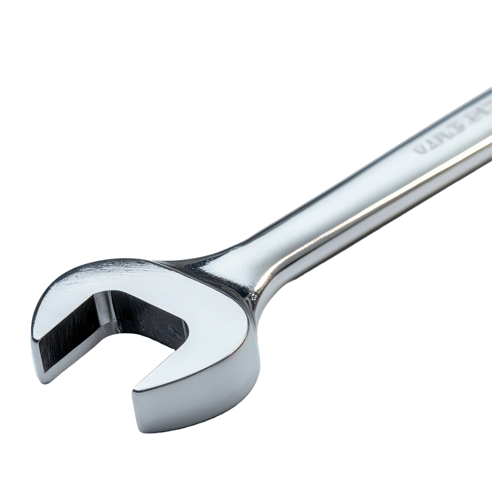 A close up view of a single silver wrench resting on a transparent background showcasing its shiny finish and design details, A single silver wrench on its side, transparent background. png