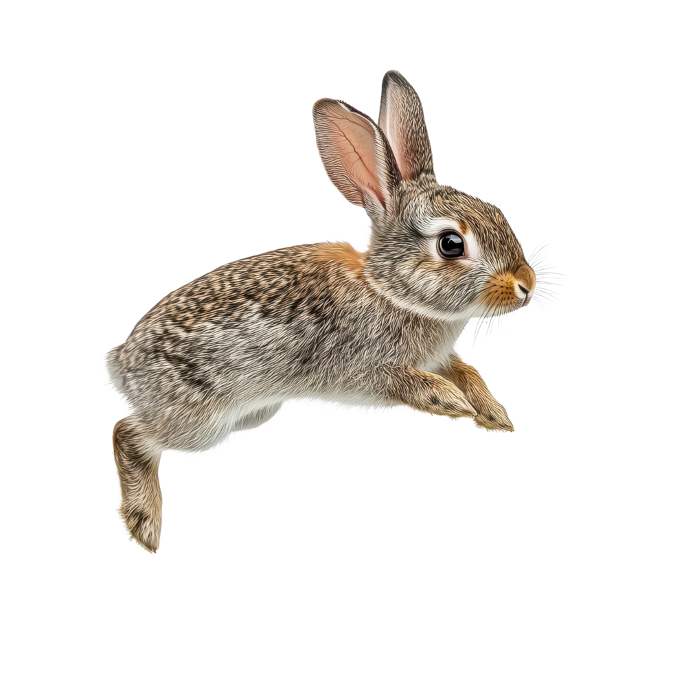 A brown rabbit gracefully jumping midair against a clean transparent background capturing its playful spirit, A brown rabbit mid air jump, transparent background. png
