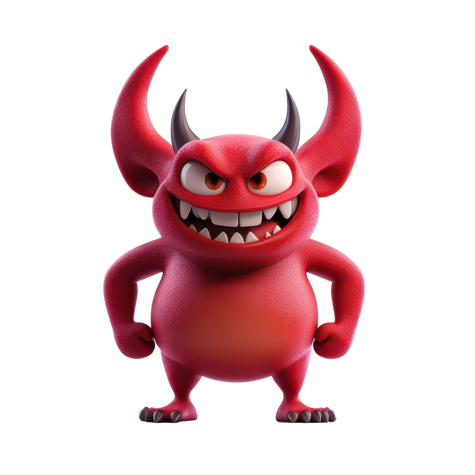Playful cartoon devil character with mischievous expression stands confidently on a transparent background, 3D Cartoon Devil Characters on transparent background png