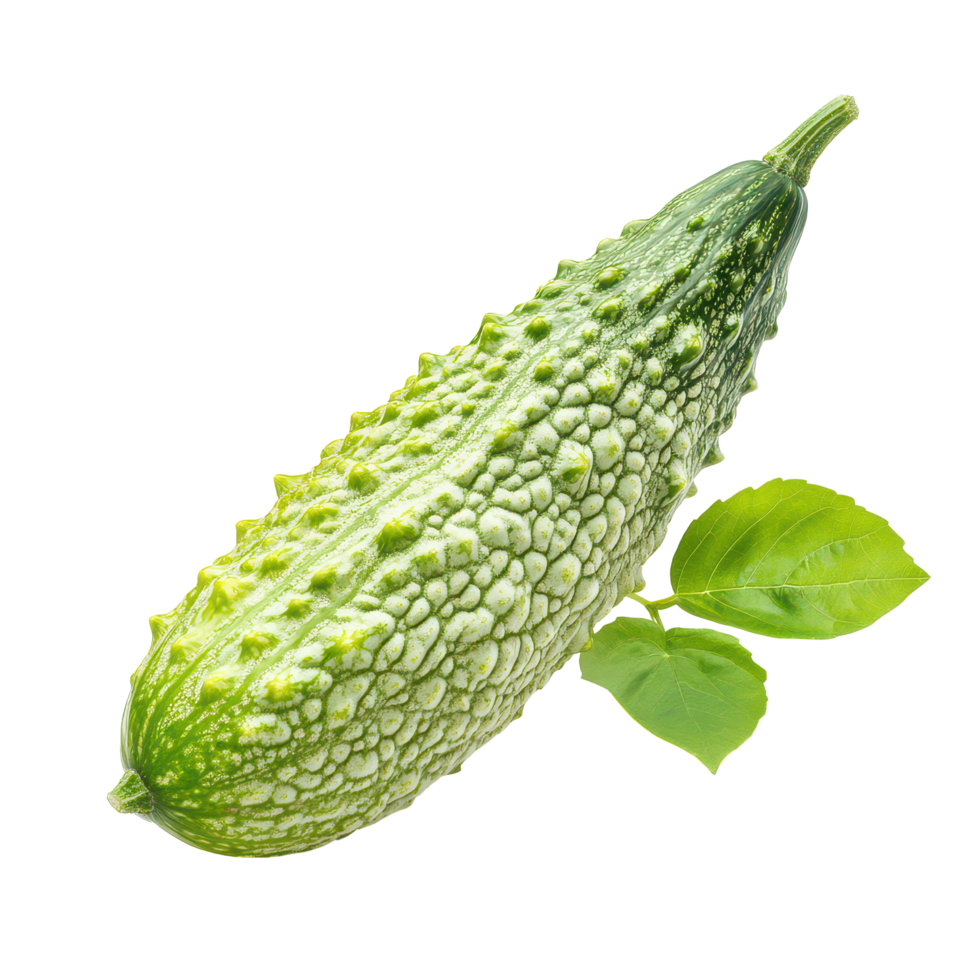 Bitter melon with a fresh green leaf on a clean transparent background highlighting its unique texture and color, Bitter melon with leaf on transparent background png