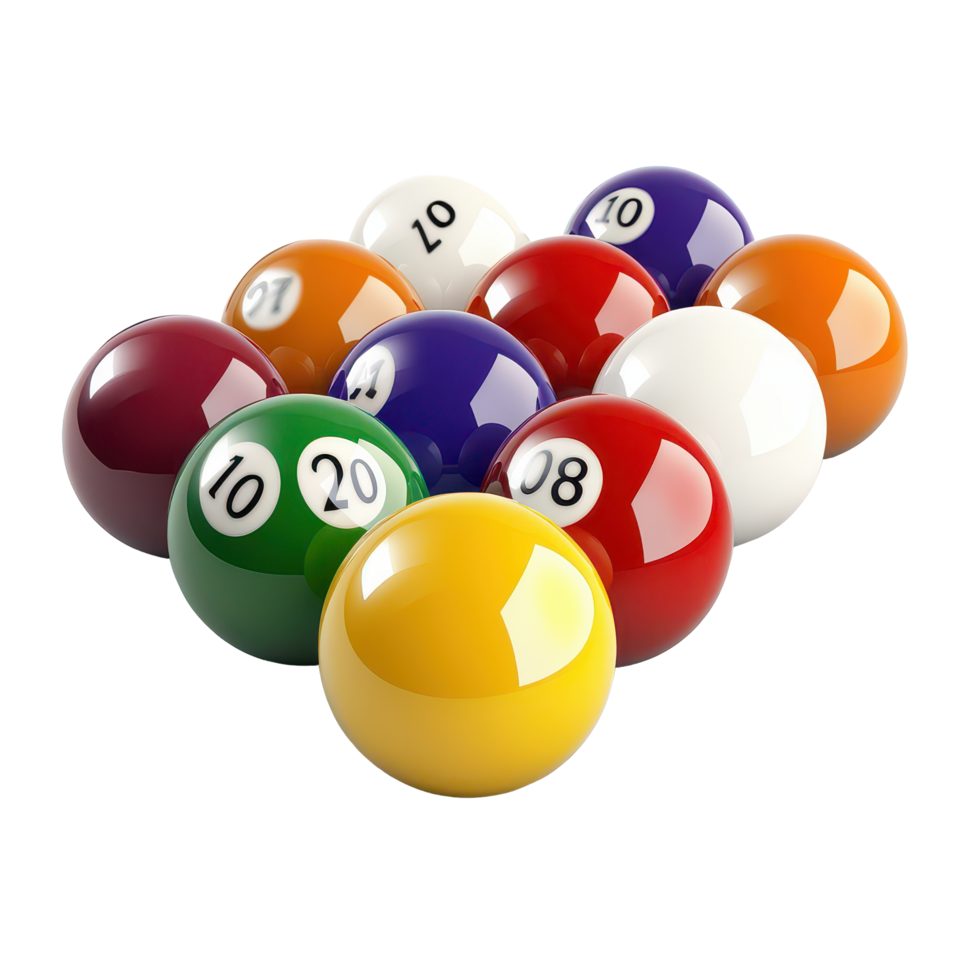 A vibrant arrangement of billiard balls in various colors on a transparent background showcasing numbers and hues, Billiard Balls, transparent background. png
