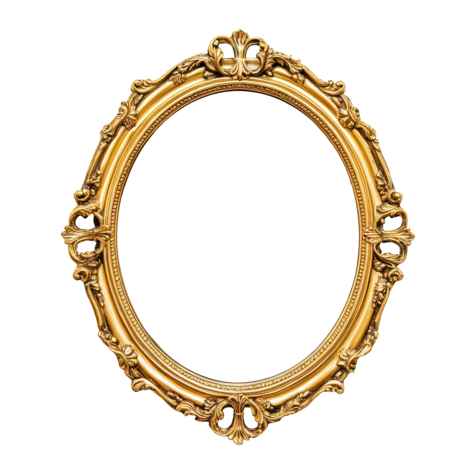 Antique round oval gold picture mirror frame with intricate detailing for elegant decor, Antique round oval gold picture mirror frame isolated on transparent background png