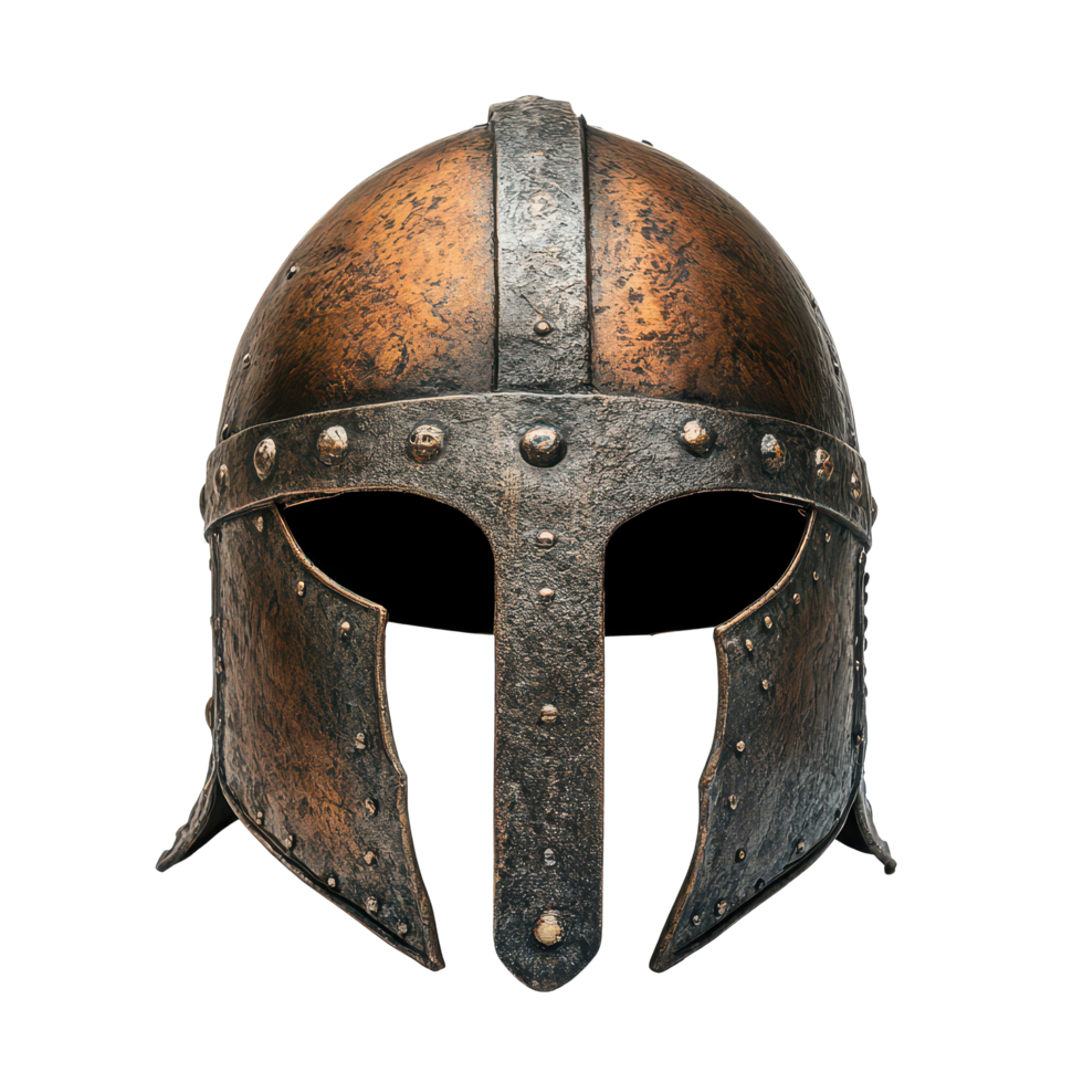 Detailed ancient Viking helmet featuring a prominent nose guard against a transparent background, Ancient Viking Helmet with Nose Guard on transparent background png