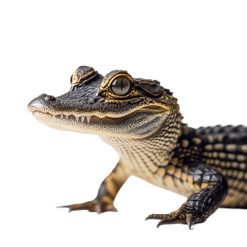 A close up of a small alligator resting on a clean surface under soft lighting, a close up a small alligator on a surface. transparent background png