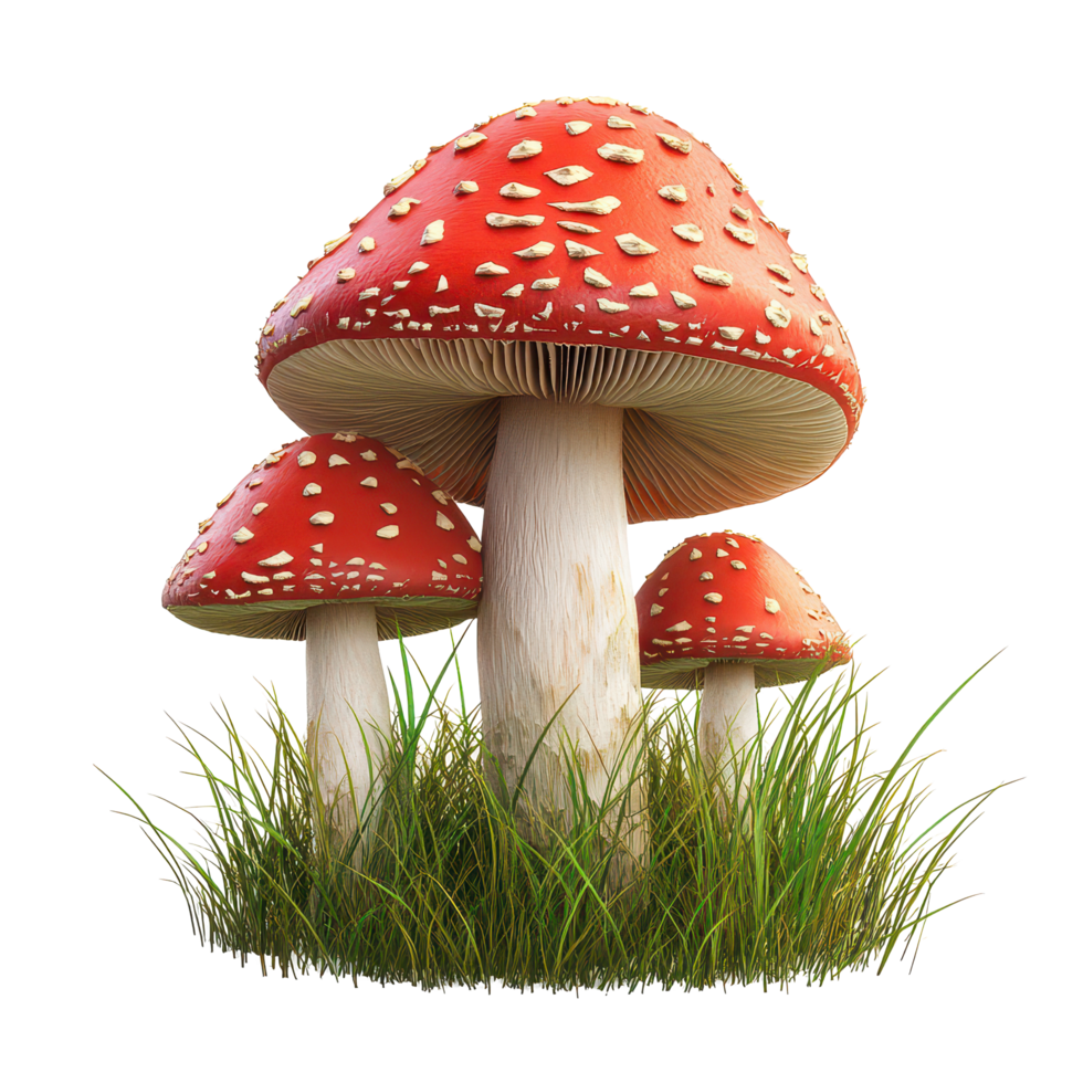Realistic red fly agaric mushrooms growing in vibrant green grass during a sunny day in a natural setting, 3d realistic red fly agaric mushrooms in the grass, transparent background. png