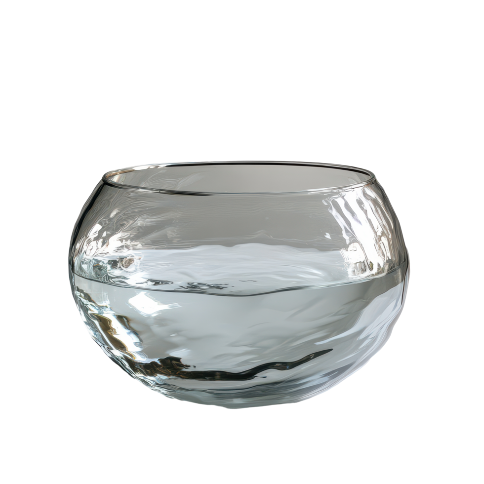 A big glass bowl filled with clear water resting on a table in a well lit room during daytime, Big glass bowl full clear water png