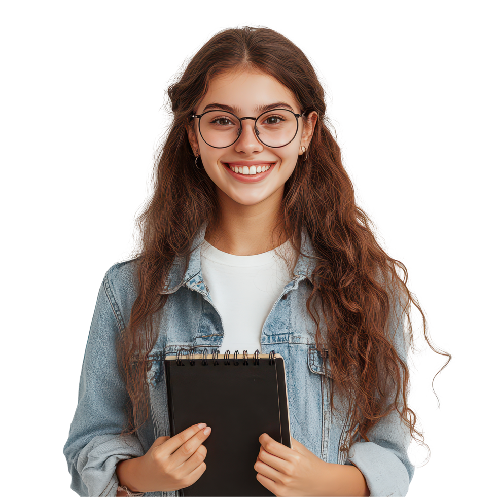 Cheerful student with glasses holds a notebook and smiles brightly in a well lit indoor setting, Beautiful smile girl student with a notebook, transparent background. png