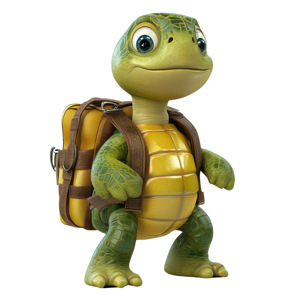 A cheerful cartoon turtle wearing a backpack stands ready for adventure on a transparent background, showcasing playful charm, 3D Cartoon Turtle with Backpack on transparent background png