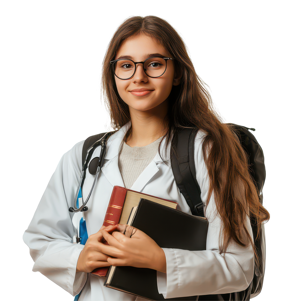 Attractive young female medical student smiling confidently with backpack and textbooks in a bright environment, Attractive young female medical student with backpack and books png