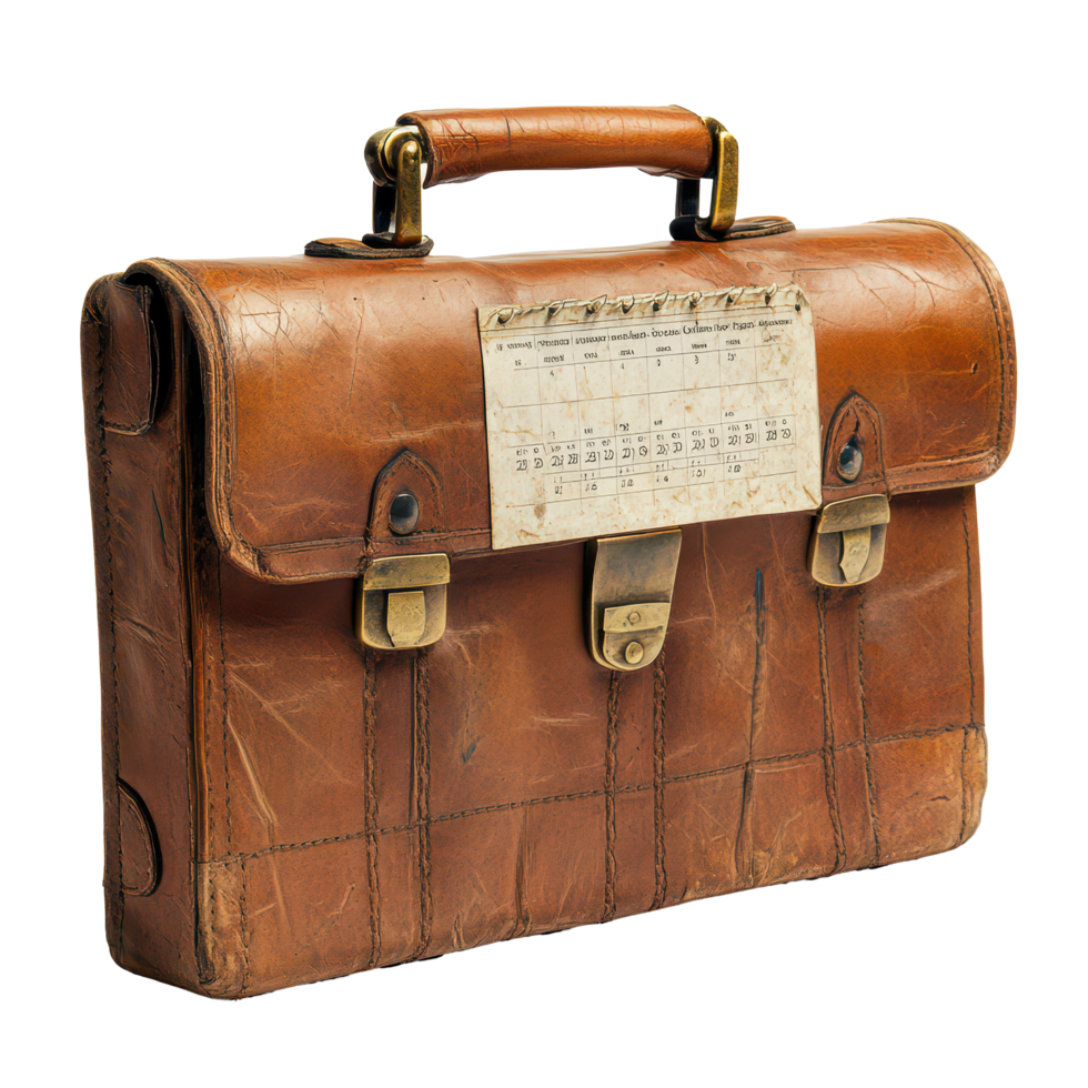 Vintage leather briefcase with calendar and bra displayed on a table in a cozy office setting, A Vintage Leather Briefcase with a Calendar and Brass Buckles, transparent background. png
