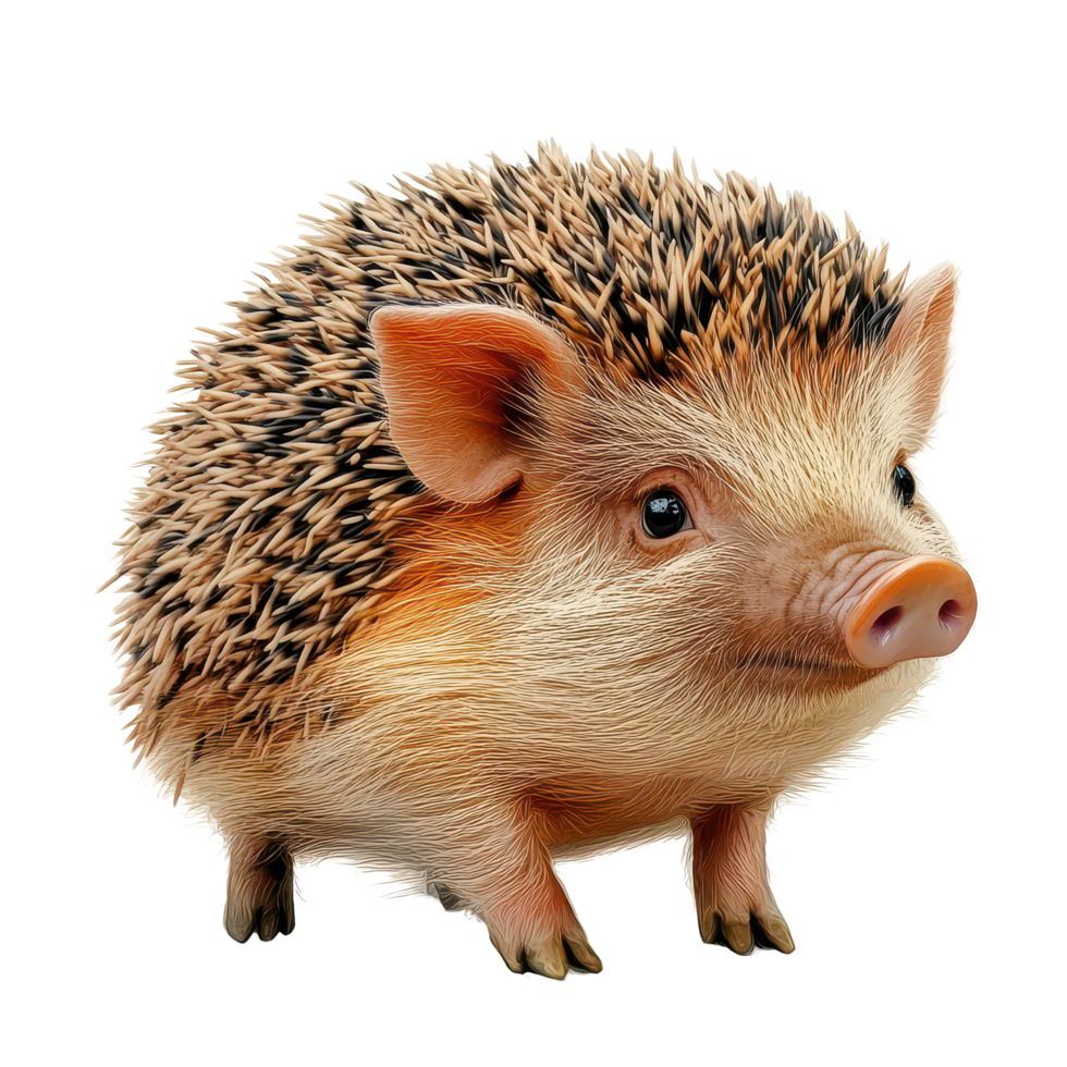 A digitally altered pig designed to look like a hedgehog in a whimsical and creative art portrayal, A digitally altered pig to resemble a hedgehog, transparent background. png