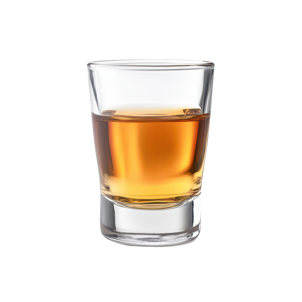 A clear shot glass filled with amber alcohol stands prominently against a clean transparent background, Alcohol in Shot Glass Isolated, transparent background. png