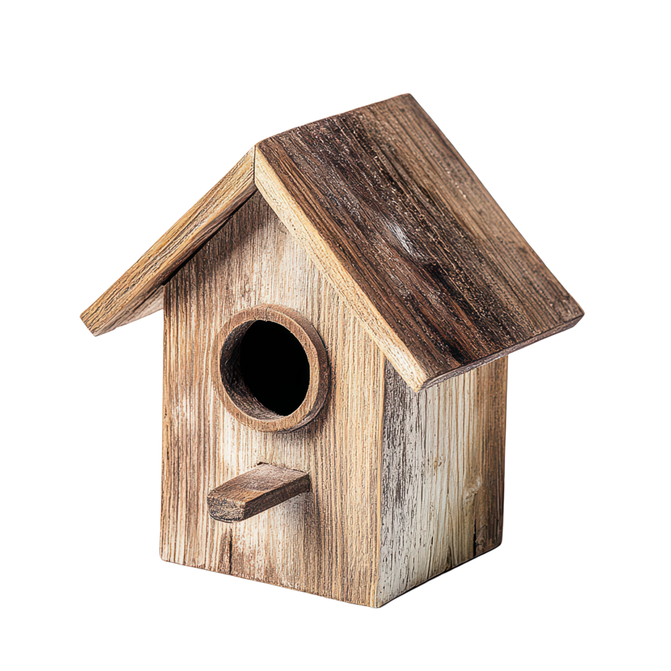 A rustic wooden birdhouse against a plain transparent background perfect for brightening up your garden space, bird house on transparent background png