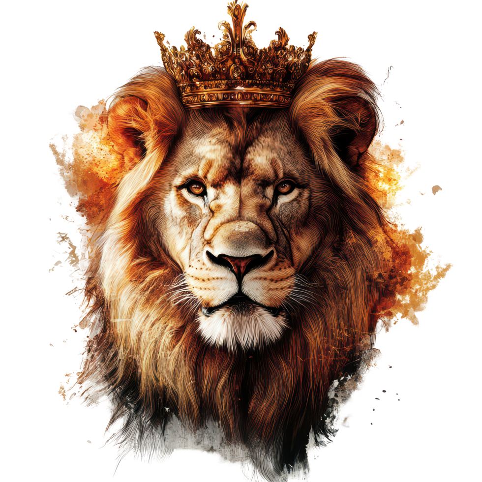 A majestic lion wearing a crown on a pristine transparent background showcasing its regal presence, a lion with a crown, transparent background. png