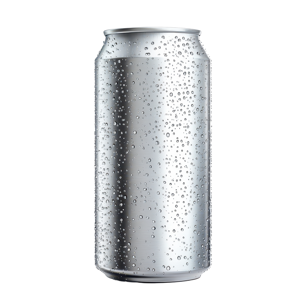 A simple aluminum can isolated with water drops, showcasing a sleek design and refreshing essence, aluminum can without label with water drops isolated onisolated on transparent background png