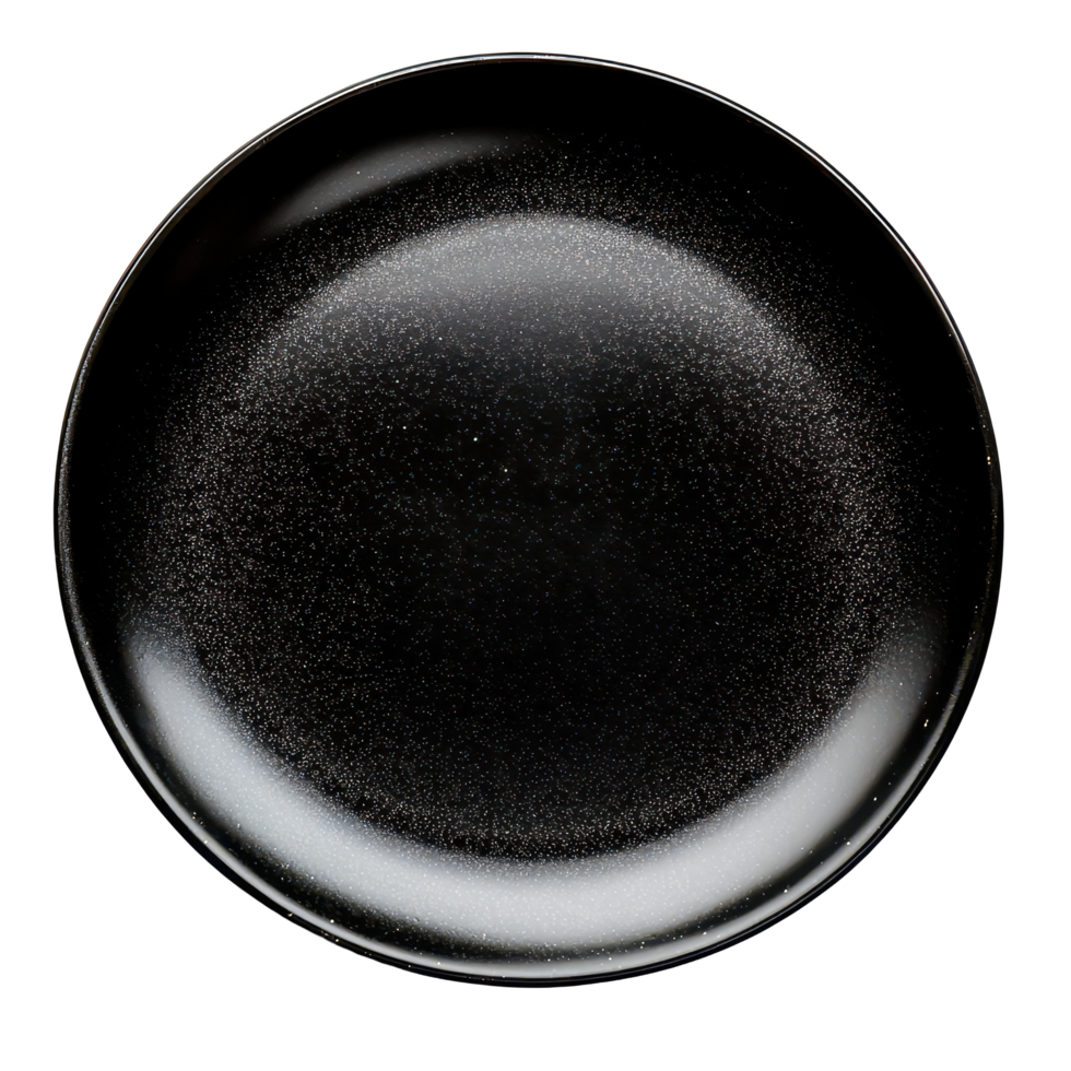 A sleek black plate on a transparent background showcasing modern tableware design ideal for elegant dining settings, black plate on transparent background png