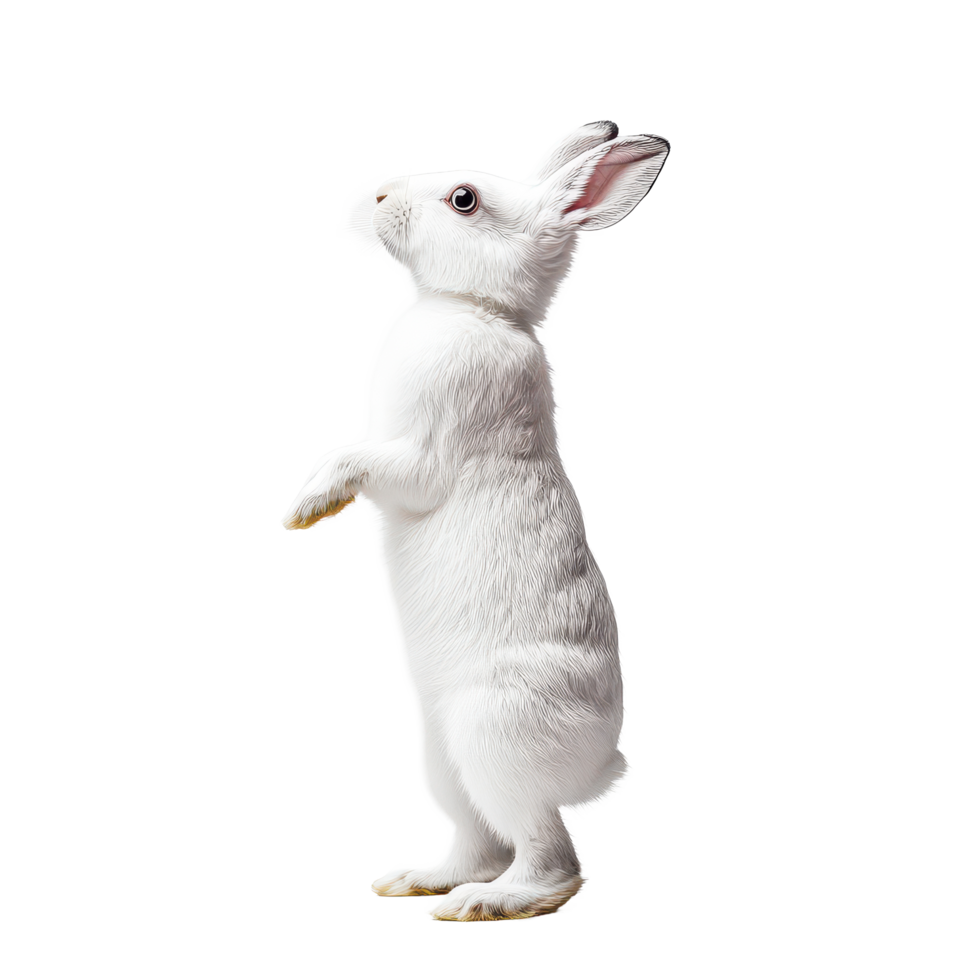 A curious rabbit stands upright on its hind legs in a bright, airy setting, exploring its surroundings, A curious rabbit standing tall on its hind legs, transparent background. png