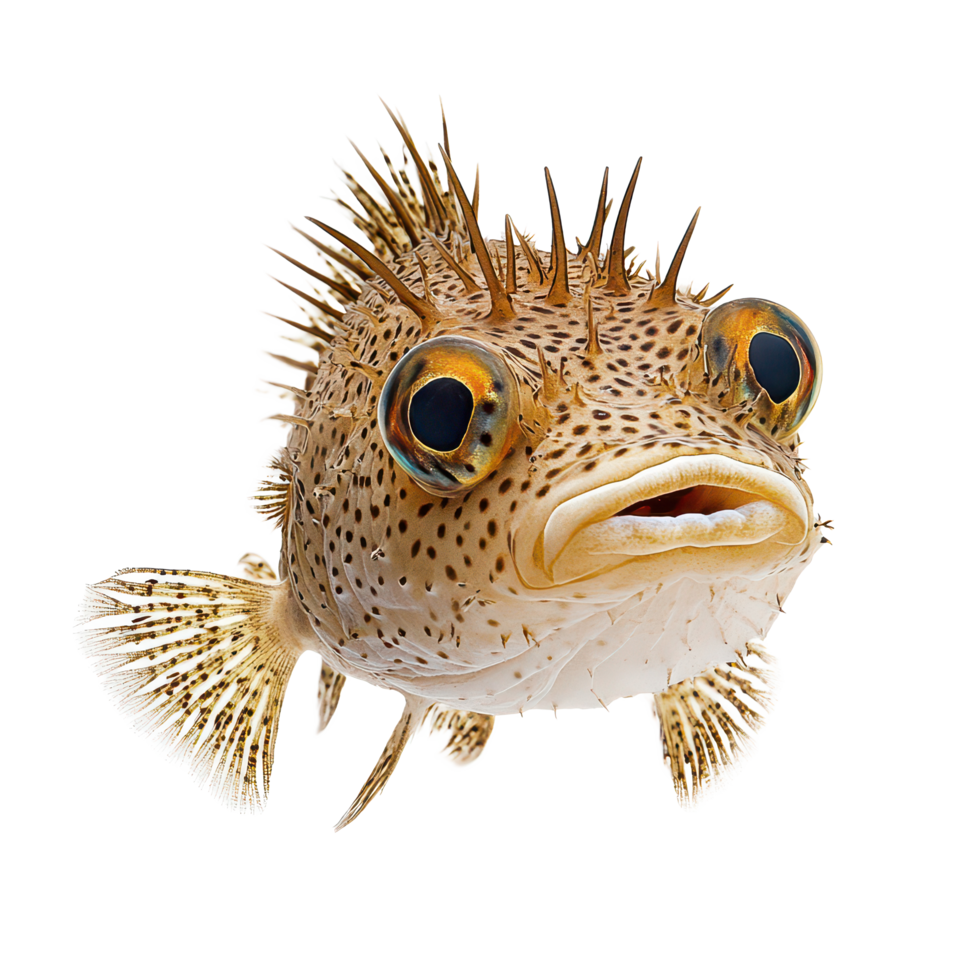 A porcupinefish swimming gracefully against a bright transparent background showcasing its unique features, a porcupinefish isolated on transparent background png