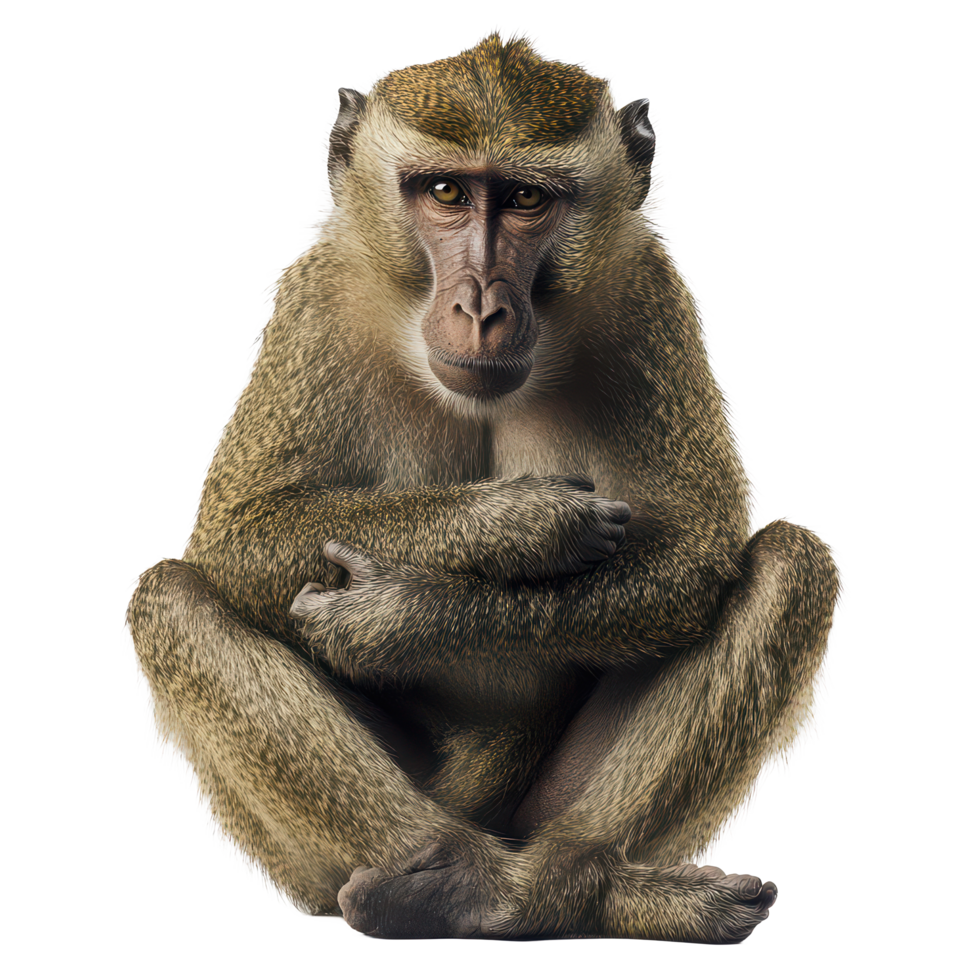 A solitary baboon sitting calmly on a transparent background, showcasing its intricate features and expressive demeanor, baboon, monkey, transparent background png