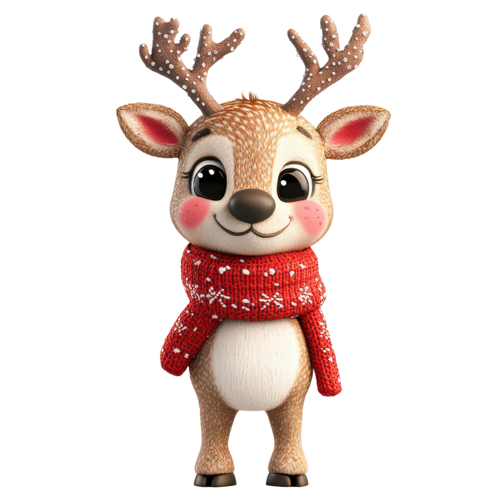 A cute Christmas reindeer wearing a red muffler stands against a transparent background, 3D Cute Christmas Reindeer with Red Muffler Isolated realistic on transparent background png