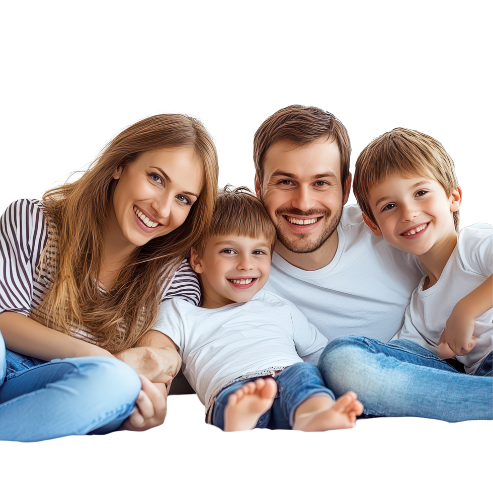 Smiling family enjoying quality time together while watching television at home in a cozy living room setting, Beautiful smiling family watching TV at home, transparent background. png