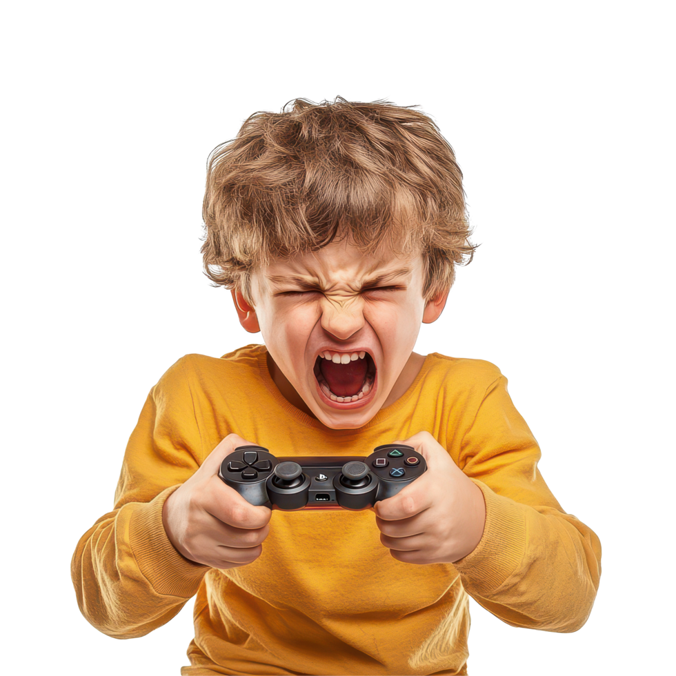 Frustrated child in a yellow shirt intensely playing games with a controller, expressing anger, Angry Kid Holding Controller Playing Game on transparent background png