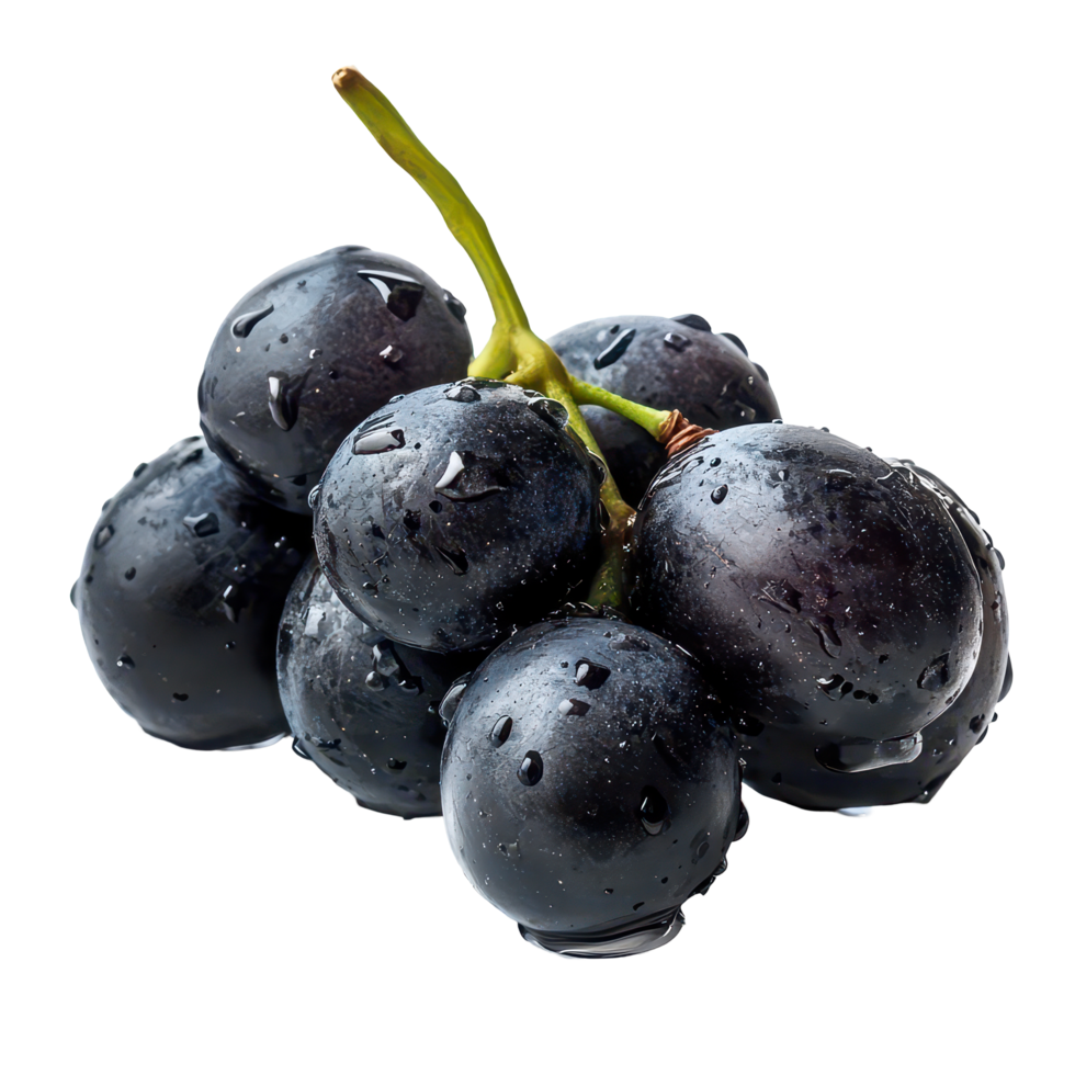 Fresh black grapes glistening with water droplets on a transparent background, Black grapes with drop of water isolated on transparent background png