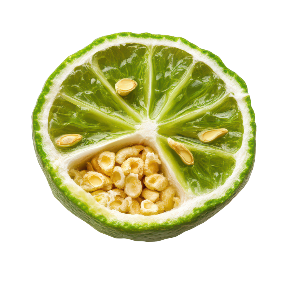 Close up view of a halved bergamot with seeds showcasing its vibrant green interior against a transparent background, A half of bergamot or Thai lime with seeds isolated on transparent background png