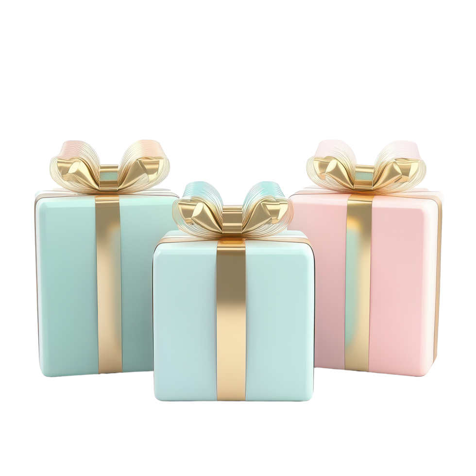 Pastel colored gift boxes adorned with golden ribbons arranged beautifully for a festive celebration, 3 Gift boxes with golden ribbon 3d render pastel color isolated on transparent background png