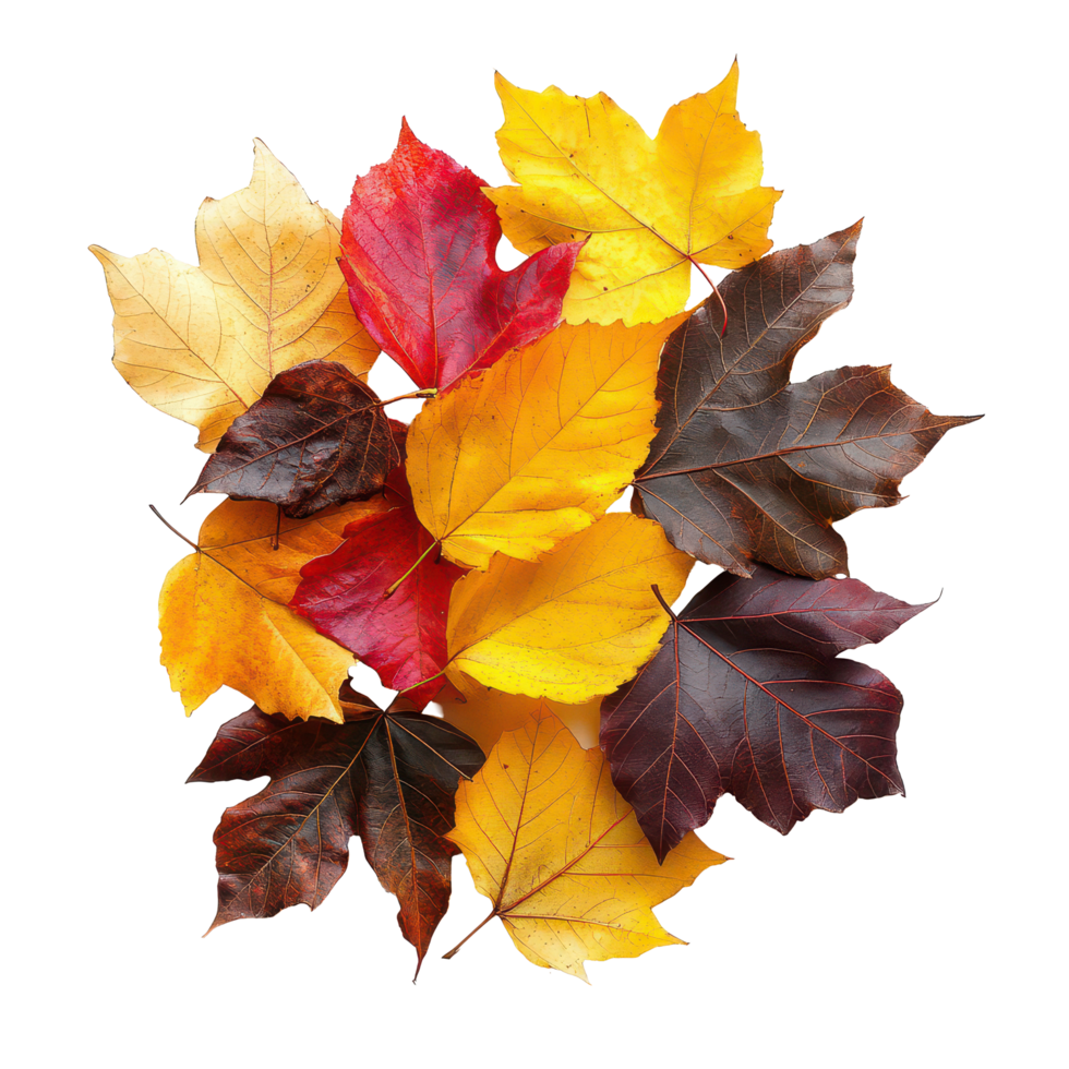 Colorful autumn leaves in various shades of yellow, red, and brown isolated on a transparent background, autumn leaves isolated on transparent background png
