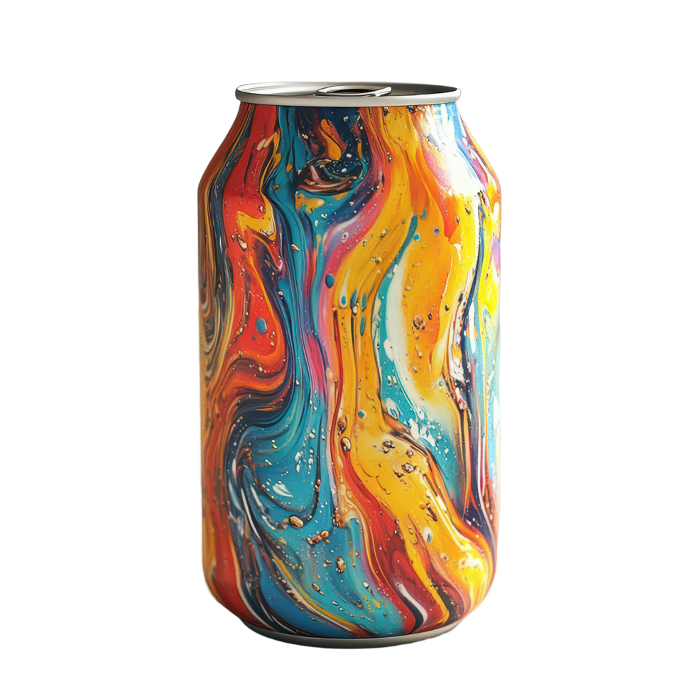 A vibrant beverage can with a swirling pattern in bright colors placed on a light surface, Beverage Can png
