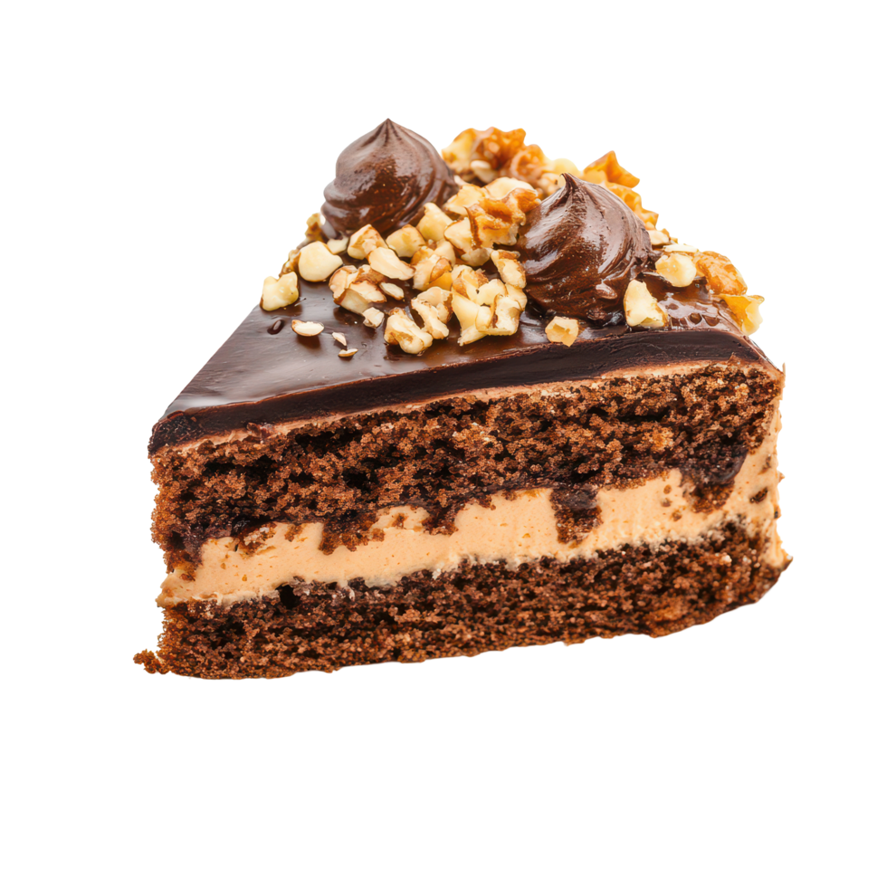 Enjoy a slice of delicious amandine cake topped with chocolate and nuts, perfect for any occasion, amandine cake on plate isolated on transparent background png