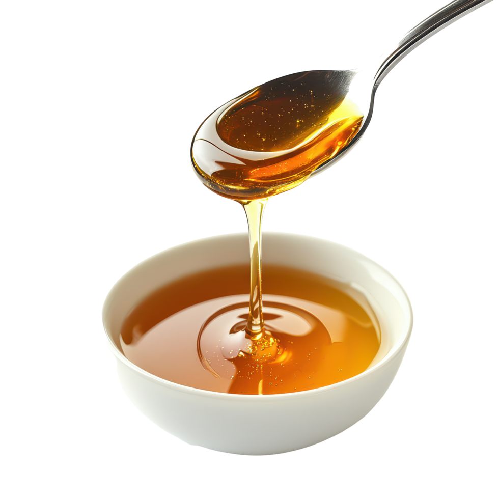 A spoon drizzles golden honey into a bowl on a bright background in a kitchen setting, A spoon pouring honey into a bowl, transparent background. png