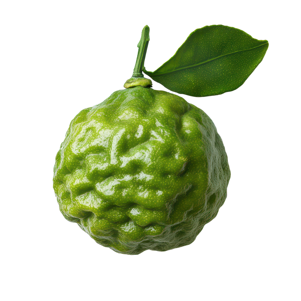 Fresh bergamot fruit with a green exterior and vibrant green leaf, isolated against a transparent background, Bergamot or Thai lime isolated png