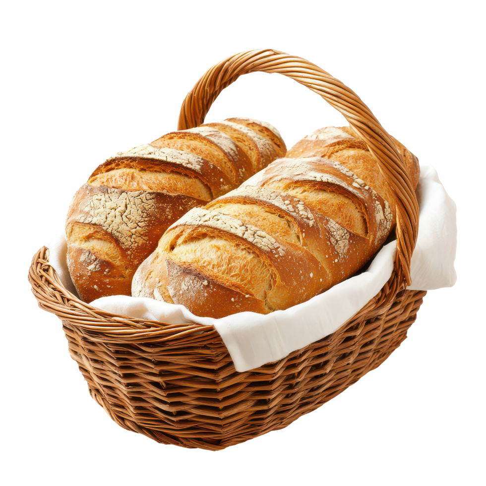 Freshly baked artisan bread loaves in a rustic basket against a clean transparent background, Basket Delicious Bread transparent background png