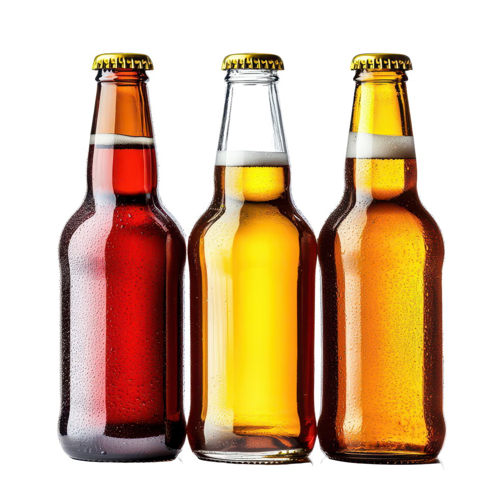Three beer bottles in various colors arranged side by side on a transparent background for a clean presentation, Beer bottles isolated on transparent background png