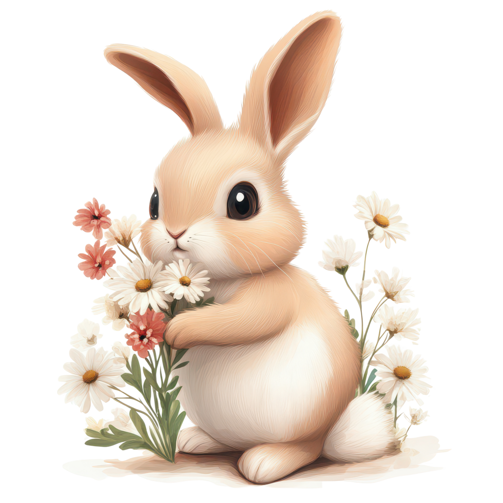 A cute cartoon rabbit holding flowers in a charming transparent background setting, a realistic a cartoon rabbit with flowers,, transparent background. png