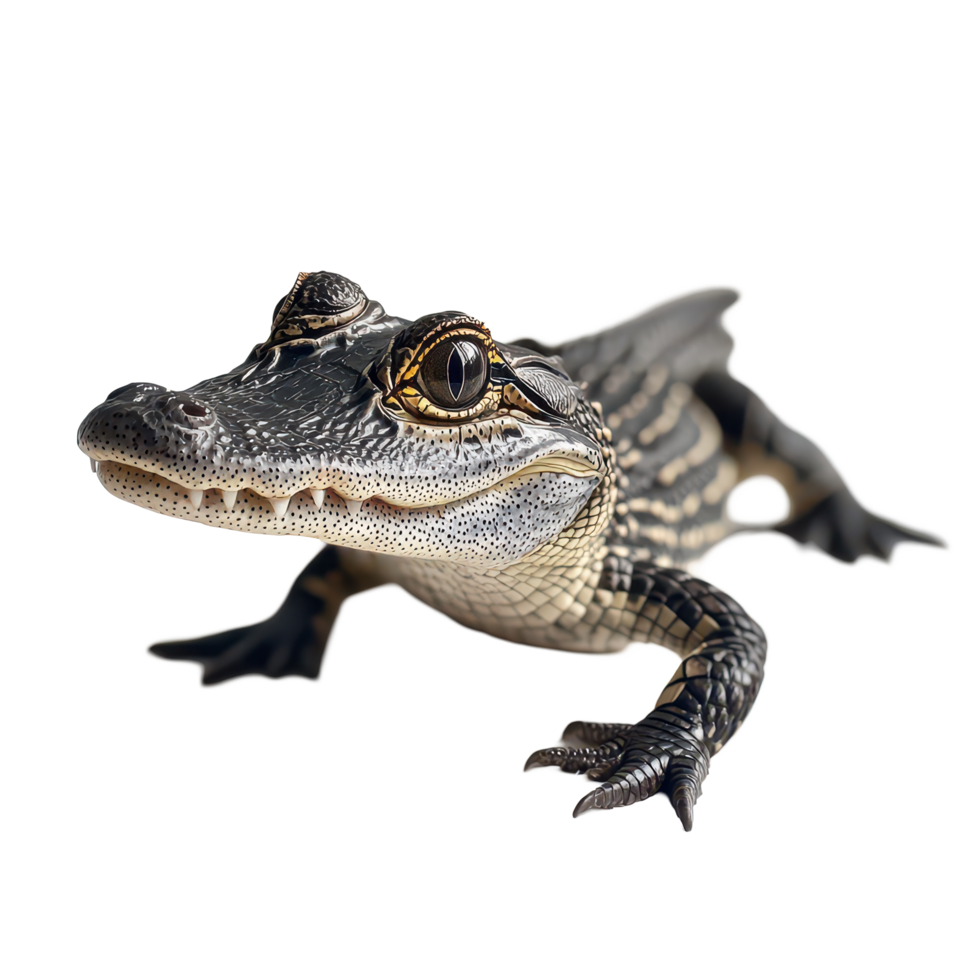 Close up of a small alligator resting on a surface in natural light, a close up a small alligator on a surface. transparent background png
