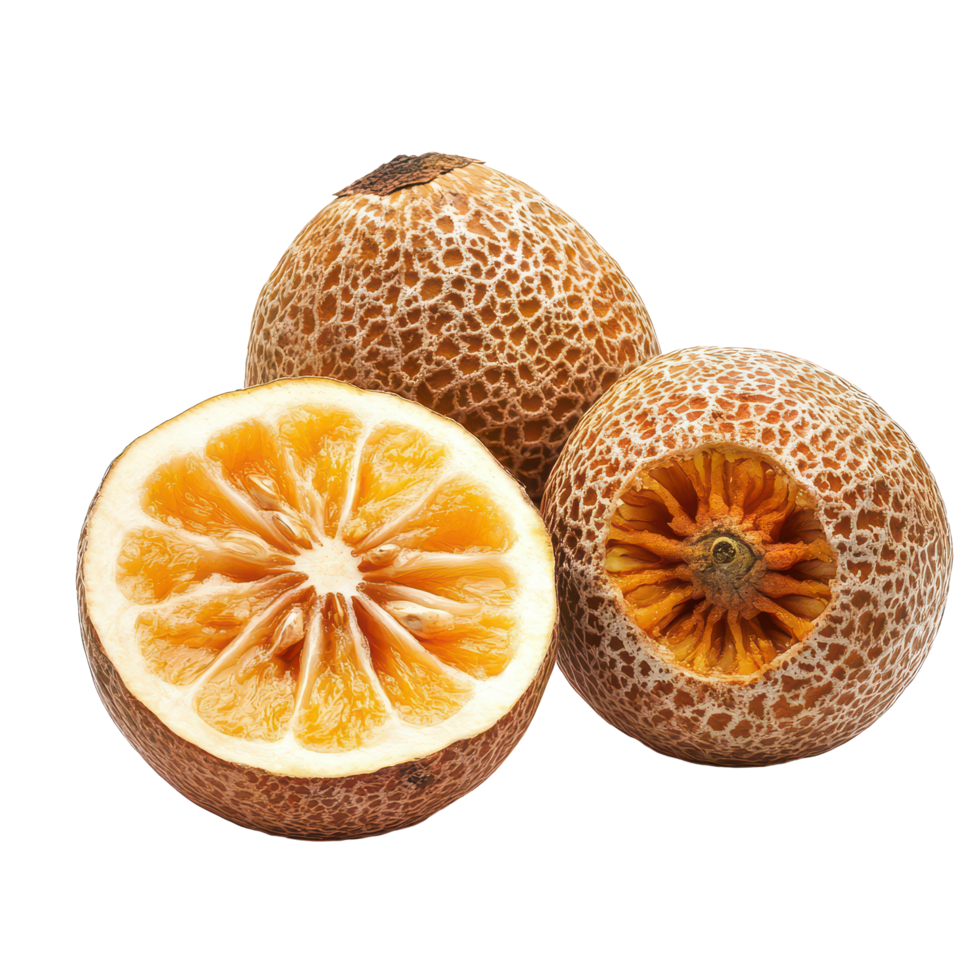 Bael fruit with smooth skin and vibrant orange pulp isolated on a clean transparent background, Bael fruit isolated on transparent background png