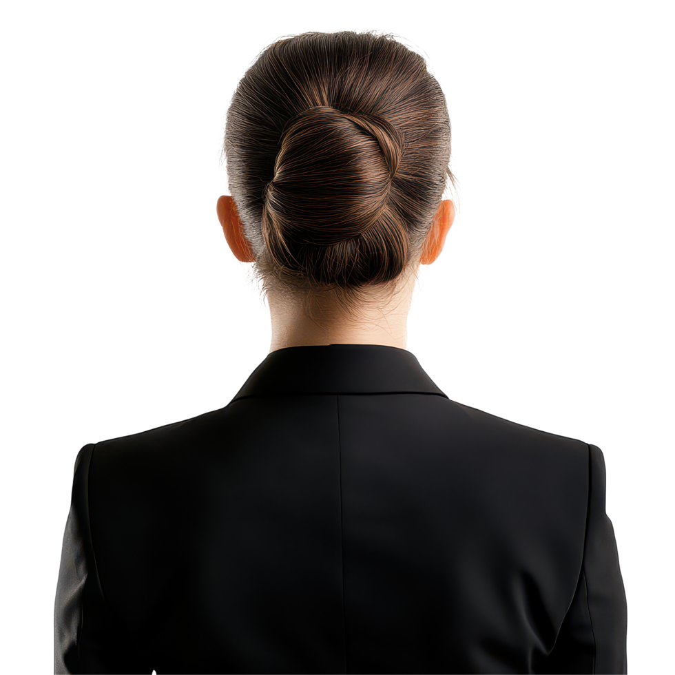 Businesswoman in a black suit with a neat bun, standing confidently against a plain transparent background, Back View Business Woman with Bun on transparent background png