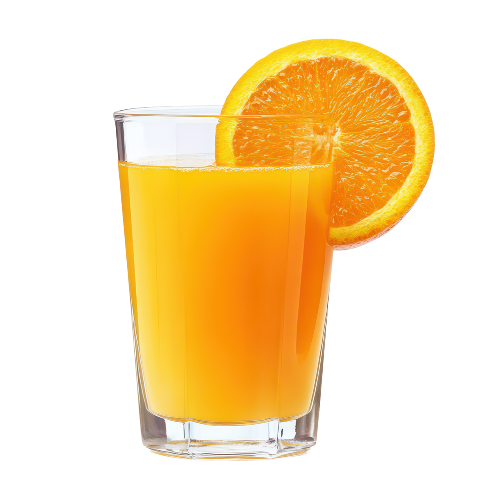 Refreshing glass of orange juice with a slice of orange, perfect for a sunny breakfast or brunch setting, Orange fruit, Orange juice in a glassisolated on transparent background png