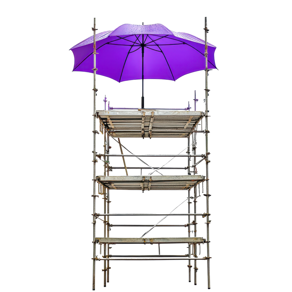 A vibrant purple umbrella resting atop construction scaffolding on a clear day, A transparent background image a construction scaffolding with a purple umbrella spread over the top png