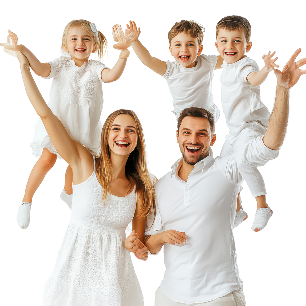 A joyful family of five plays together in outfits, capturing happiness and fun in a bright, cheerful setting, Beauty fun family with happiness children s, transparent background. png